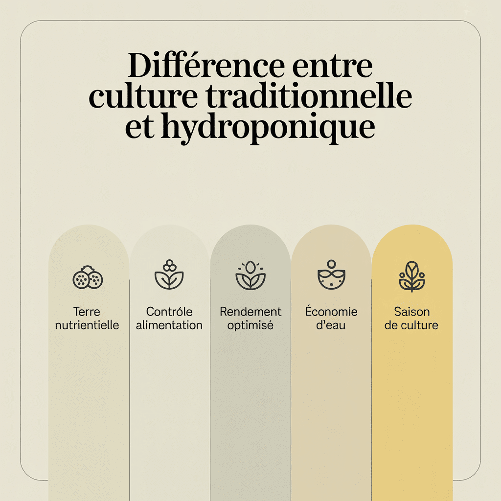 Différence entre culture traditionnelle et hydroponique - Infographie 16:9 palette crème douce avec 5 panneaux icônes : Terre nutrientielle, Contrôle alimentation, Rendement optimisé, Économie d’eau, Saison de culture, style flat vector lignes douces sur fond crème.