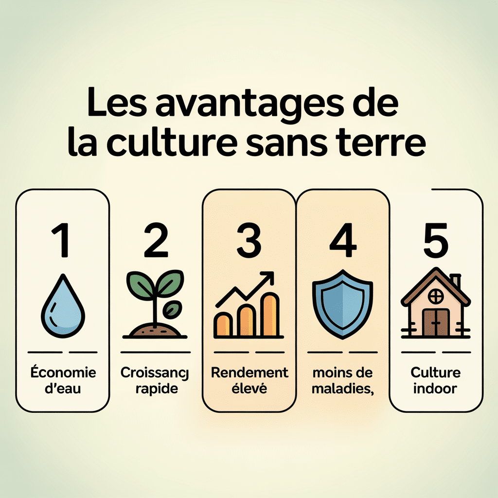 Infographie 16:9 palette crème douce présentant les avantages de la culture sans terre avec cinq panneaux numérotés et icônes vectorielles : économie d’eau, croissance rapide, rendement élevé, moins de maladies, culture indoor; style lignes douces, texte sans-serif noir sur fond crème clair.