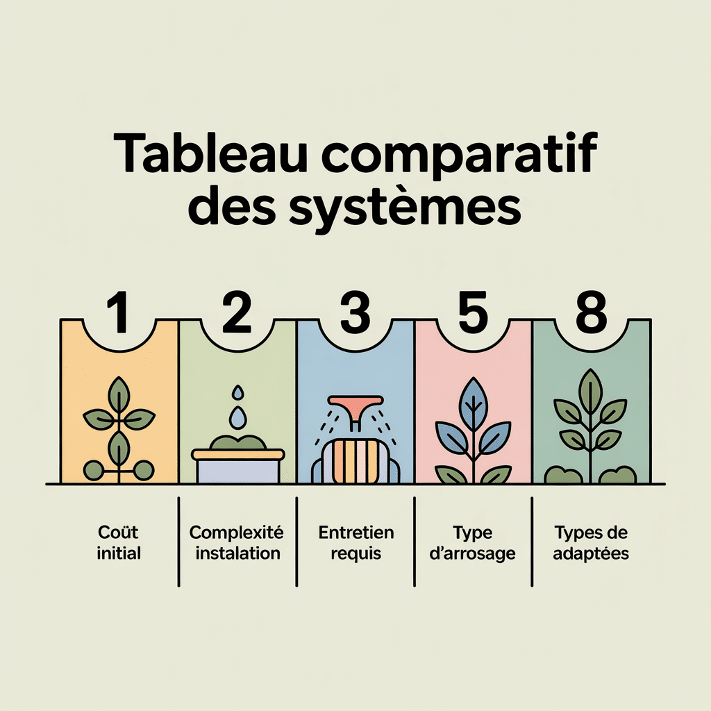 Tableau comparatif des systèmes d'arrosage en palette crème douce, cinq panneaux numérotés avec icônes vectorielles colorées pastel et texte noir sans-serif sur fond crème clair.