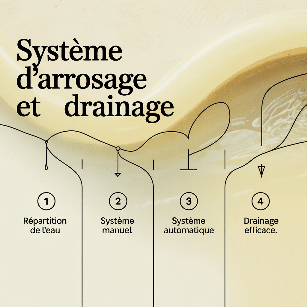 Infographie 16:9 palette crème douce représentant un système d'arrosage et drainage avec quatre panneaux aux icônes flat : répartition de l'eau, système manuel, système automatique, drainage efficace, texte noir sans-serif sur fond crème clair.
