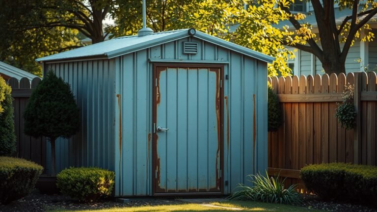 Abri de jardin en métal modeste dans un jardin suburbain calme, lumière douce de fin d’après-midi, panneaux métalliques rouillés texturés, verdure taillée environnante, particules de poussière subtiles, prise de vue au 35 mm avec faible profondeur de champ, contraste urbain réaliste.