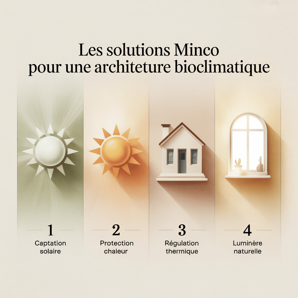 image-61 Infographie 16:9 palette crème douce présentant les solutions Minco pour une architecture bioclimatique avec quatre panneaux illustrés par des icônes flat vector : captation solaire en hiver, protection contre la chaleur estivale, régulation thermique par ventilation et lumière naturelle, style lignes douces, texte sans-serif noir sur fond blanc cassé.
