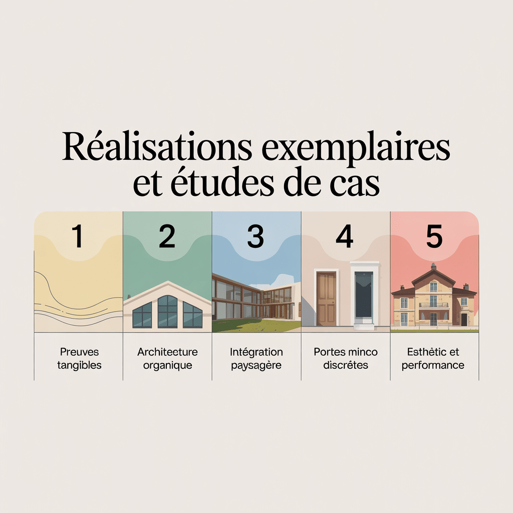 image-62 Infographie 16:9 palette crème douce présentant « Réalisations exemplaires et études de cas » avec cinq panneaux numérotés et icônes flat vector : Preuves tangibles, Architecture organique, Intégration paysagère, Portes Minco discrètes, Esthétique et performance, style lignes douces, texte sans-serif noir, fond crème.