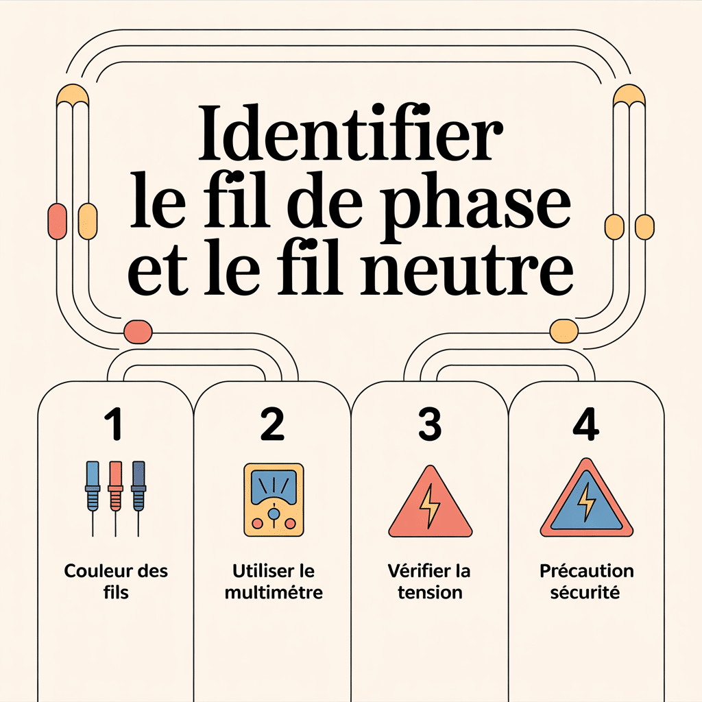 Infographie 16:9 crème douce illustrant comment identifier le fil de phase et le fil neutre avec quatre panneaux numérotés en style flat vector : 1 Couleur des fils, 2 Utilisation du multimètre, 3 Vérification de la tension, 4 Précautions de sécurité, texte noir sans-serif sur fond crème.