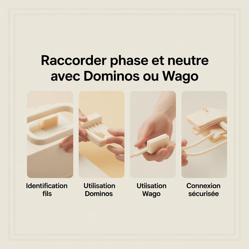 Infographie 16:9 palette crème douce montrant raccordement phase et neutre avec dominos ou Wago, quatre panneaux avec icônes vectorielles plates et lignes douces : identification fils, utilisation dominos, utilisation Wago, connexion sécurisée, texte sans-serif noir sur fond crème, style clair et épuré.
