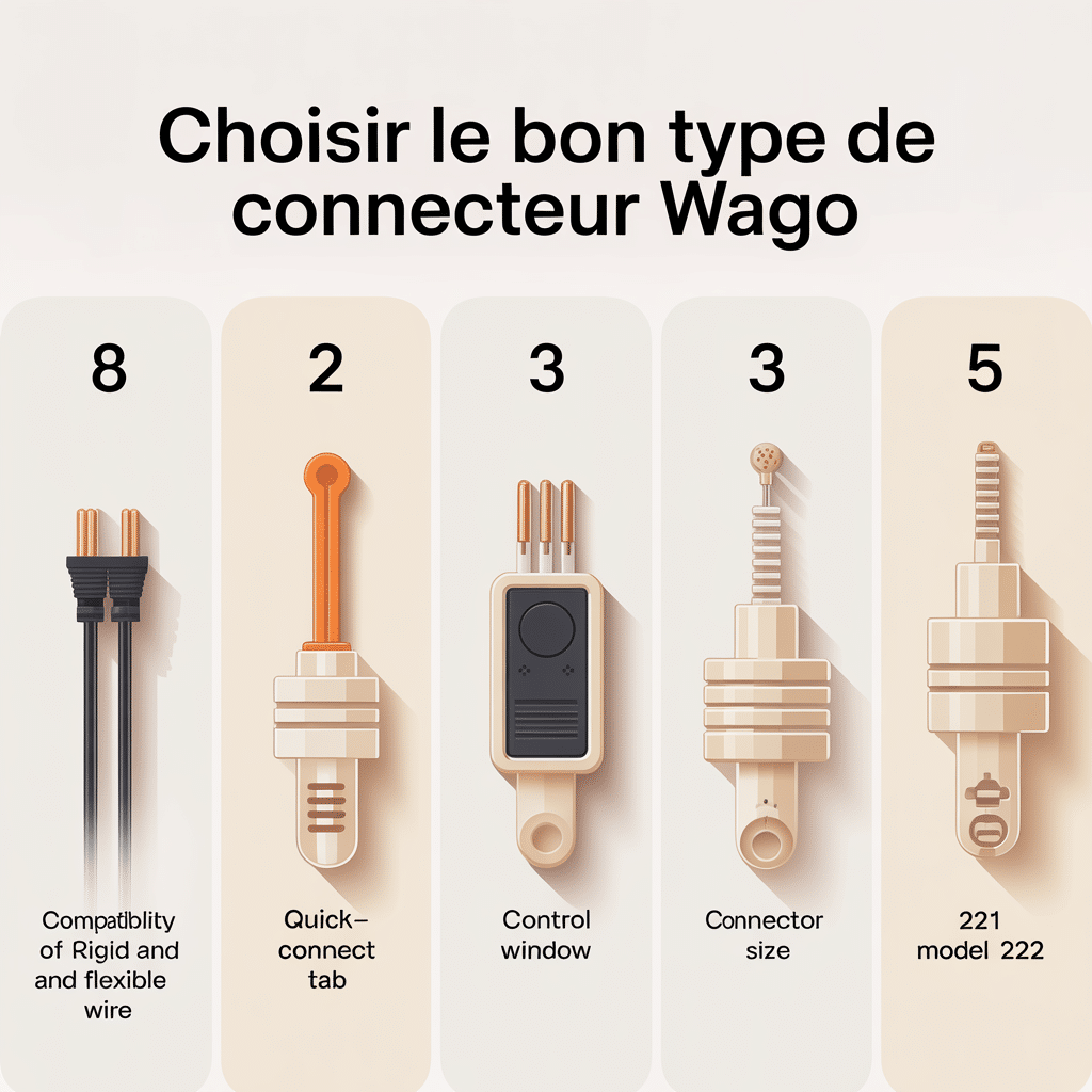Infographie 16:9 palette crème douce sur « Choisir le bon type de connecteur Wago » avec cinq panneaux numérotés illustrant la compatibilité fil rigide/souple, languette orange facile, fenêtre de contrôle, choix de taille et modèles 221/222, style flat vectoriel, fond clair et texte noir sans-serif.