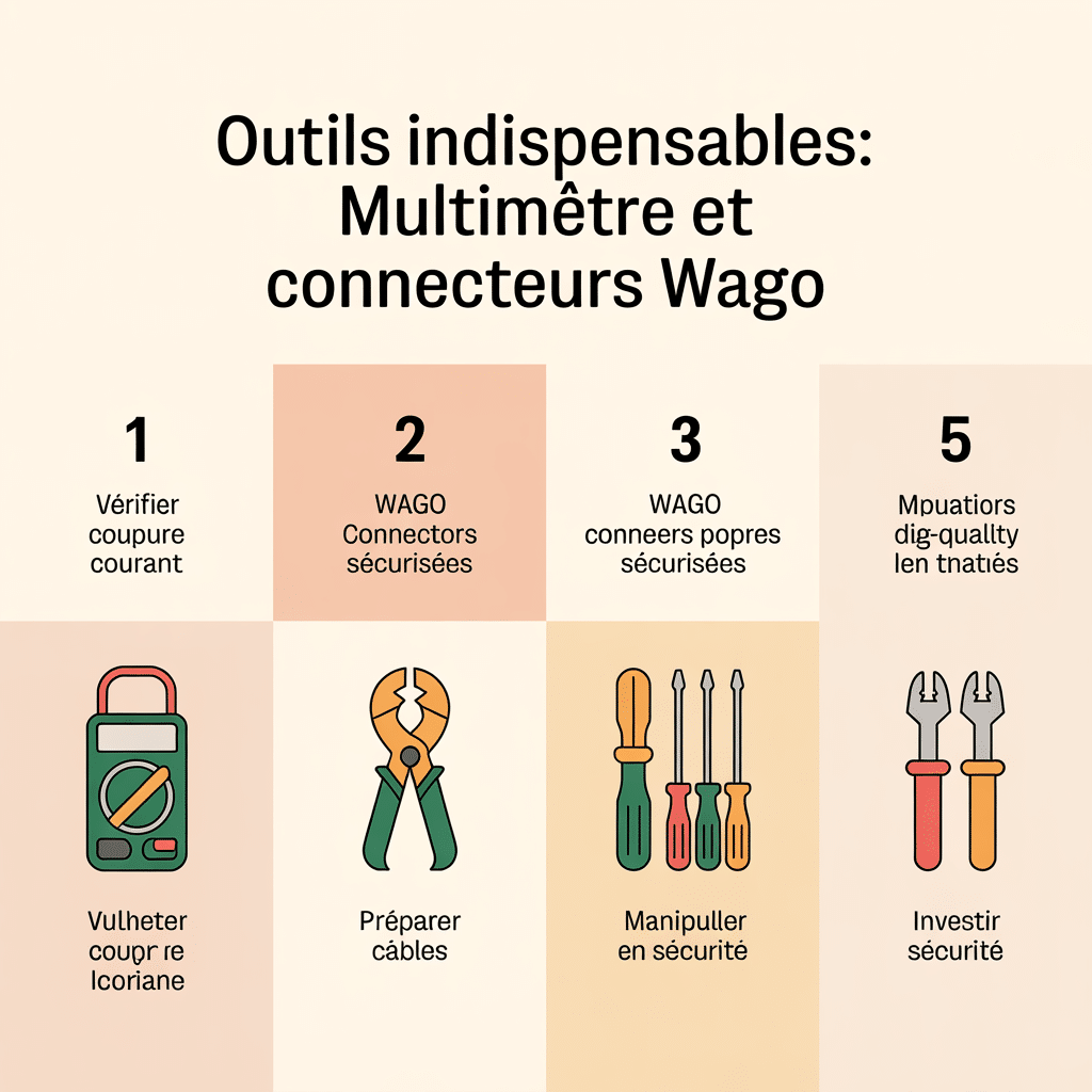 Infographie outils indispensables : multimètre, connecteurs Wago, pinces à dénuder, tournevis isolés et matériel de qualité – icônes flat vector, palette crème douce, style ligne douce, texte noir sans-serif, format 16:9.