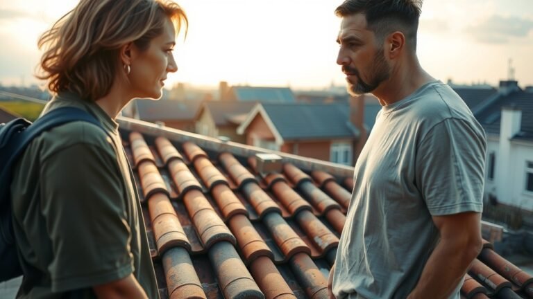 Photo grand angle : deux voisins discutant sur un toit partagé en tuiles rouges vieillies, ambiance douce de l’après-midi, texture détaillée des tuiles poussiéreuses, expressions calmes et sérieuses, maisons suburbaines en arrière-plan, prise au 50 mm avec légers flous et ombres.