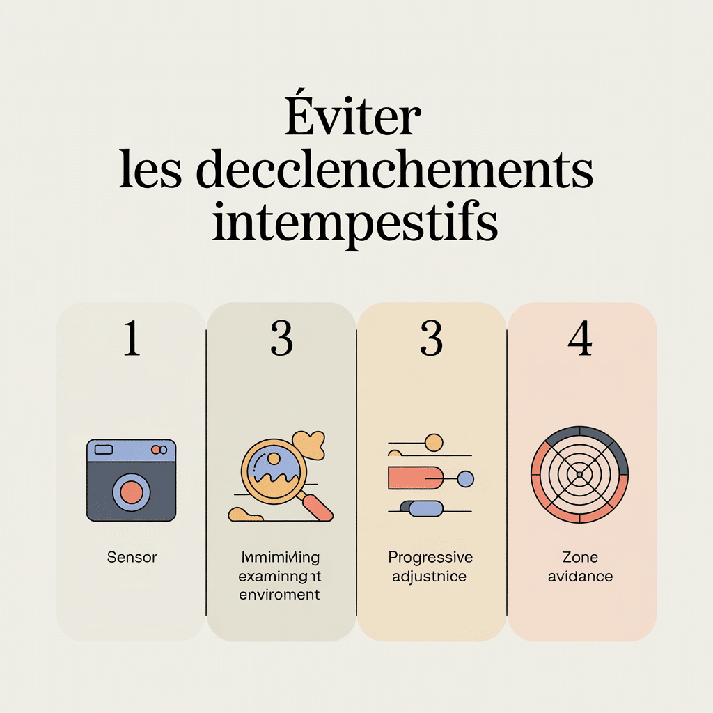 Infographie 16:9 palette crème douce représentant quatre panneaux numérotés avec icônes flat sur le thème « Éviter les déclenchements intempestifs » : sensibilité détecteurs, analyse environnement, réglage progressif, éviter zones fantômes, style vectoriel plat, fond crème, texte noir sans-serif.