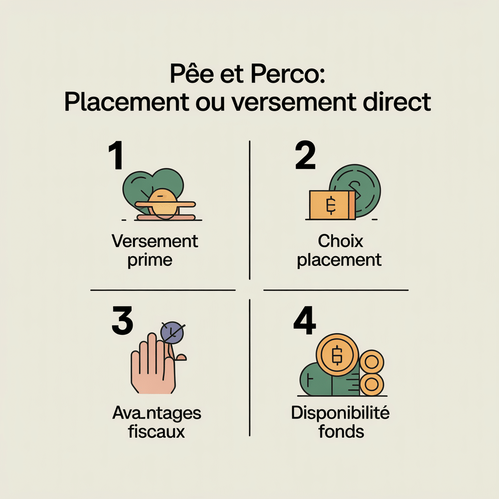 Infographie 16:9 palette crème douce montrant PEE et PERCO avec quatre étapes numérotées : versement prime, choix placement, avantages fiscaux, disponibilité fonds, icônes flat vector et texte noir sans-serif sur fond crème.
