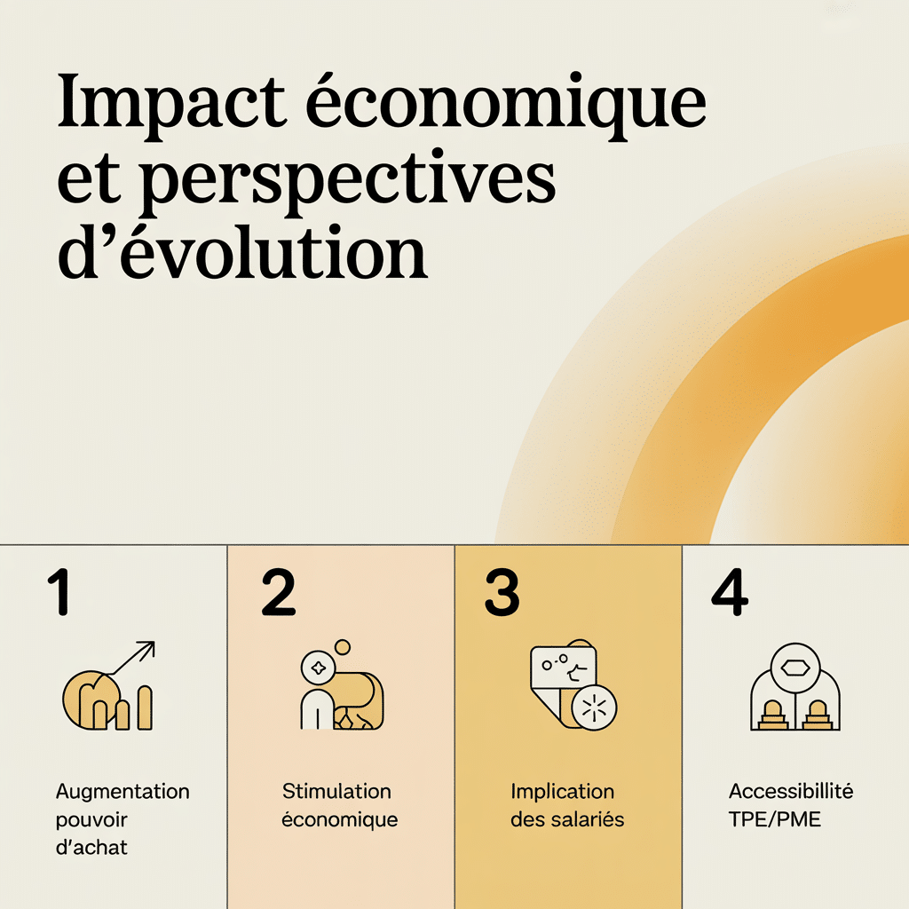 image-74 Impact économique et perspectives d'évolution - Infographie 16:9 crème avec 4 panneaux numérotés et icônes flat, style soft line, texte noir sans-serif