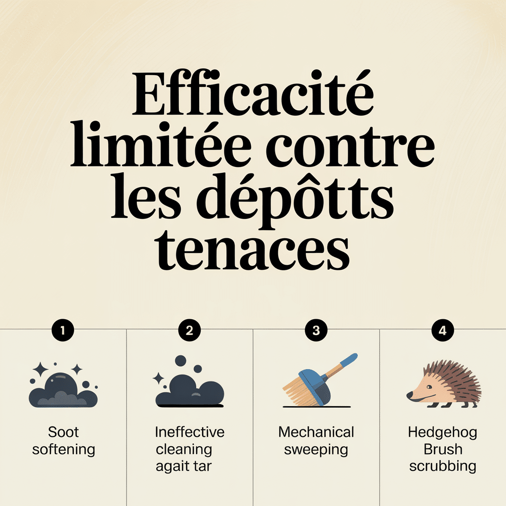 Infographie 16:9 palette crème douce avec titre « Efficacité limitée contre les dépôts tenaces »; quatre panneaux numérotés avec icônes flat vector : ramollir suie légère, inefficace contre bistre, ramonage mécanique nécessaire, brosse hérisson frottant; style lignes douces, texte noir sans-serif sur fond crème.