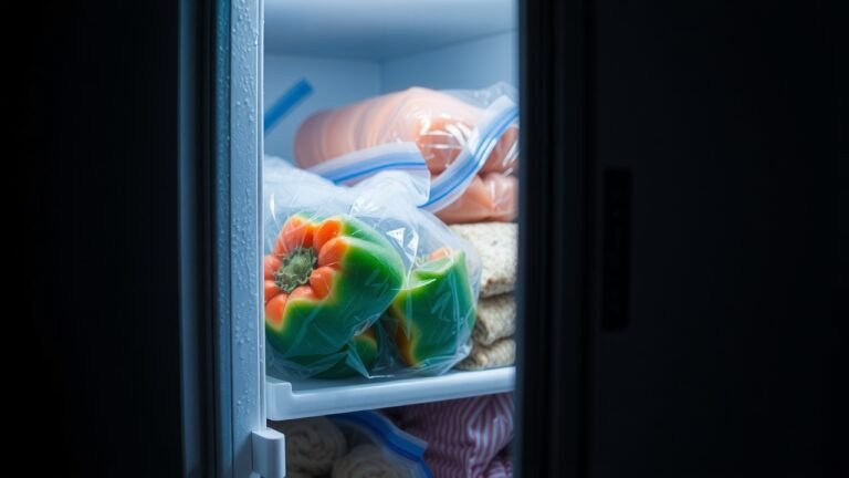 Porte de congélateur entrouverte avec givre et condensation, légumes surgelés et viandes éclairés par une lumière froide, texture nette des cristaux de givre sur sacs plastiques, ambiance naturelle de cuisine avec ombres douces.