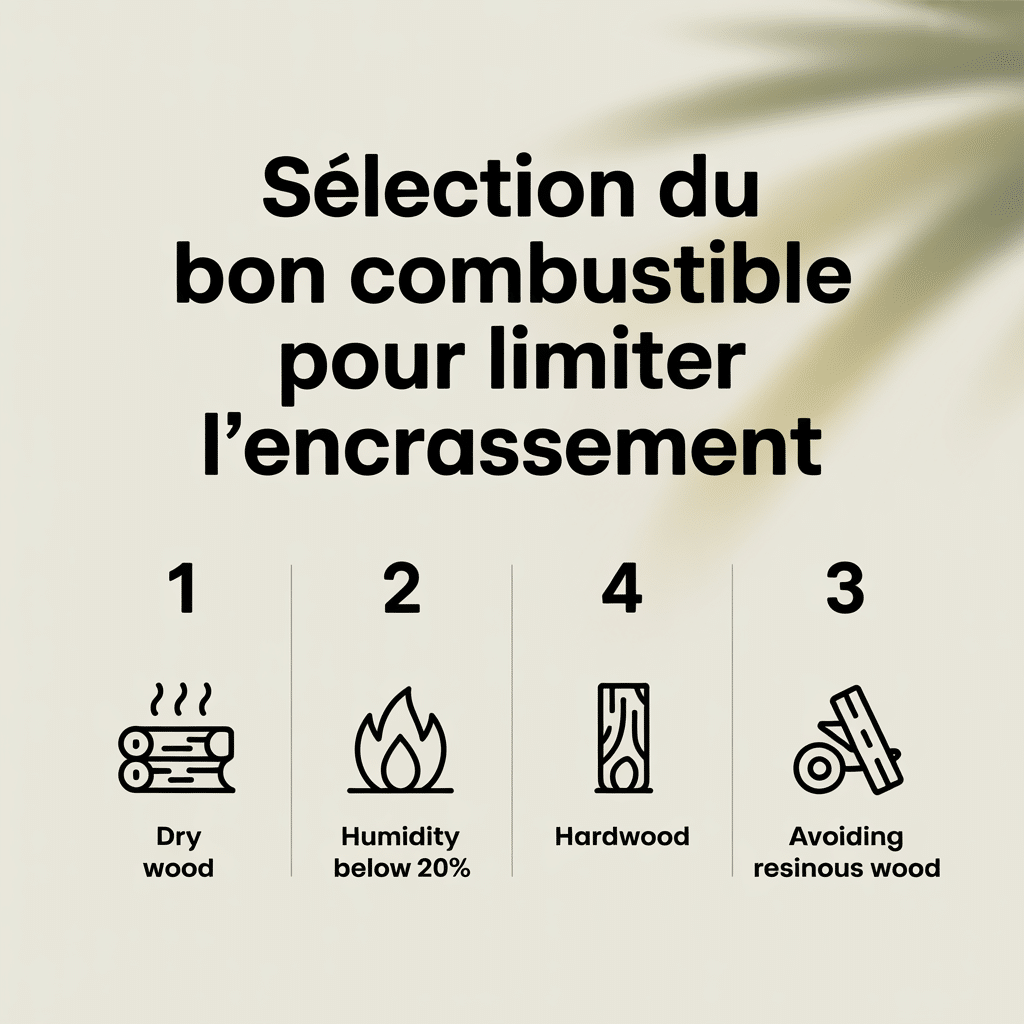 Infographie 16:9 palette crème douce montrant la sélection du bon combustible pour limiter l'encrassement avec quatre panneaux numérotés et icônes flat vectorielles : bois sec, humidité <20%, bois dur, éviter résineux, texte sans-serif noir sur fond crème clair.