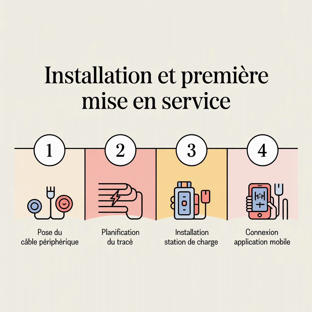 Infographie 16:9 palette crème douce montrant l'installation et première mise en service avec quatre panneaux numérotés aux icônes flat : pose du câble périphérique, planification du tracé, installation station de charge, connexion application mobile.