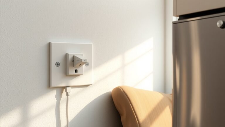 Prise électrique moderne pour lave-vaisselle en gros plan dans une cuisine lumineuse, mur blanc texturé, appareil en acier inoxydable, câbles électriques 2,5 mm², lumière naturelle matinale chaude, détails nets et particules de poussière réalistes