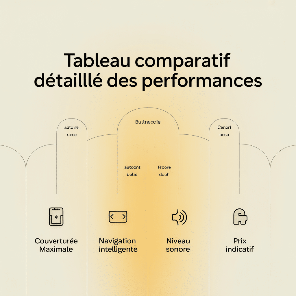 Infographie 16:9 palette crème avec cinq panneaux flat vector: Couverture maximale, Autonomie batterie, Navigation intelligente, Niveau sonore, Prix indicatif, texte noir sans-serif sur fond crème.