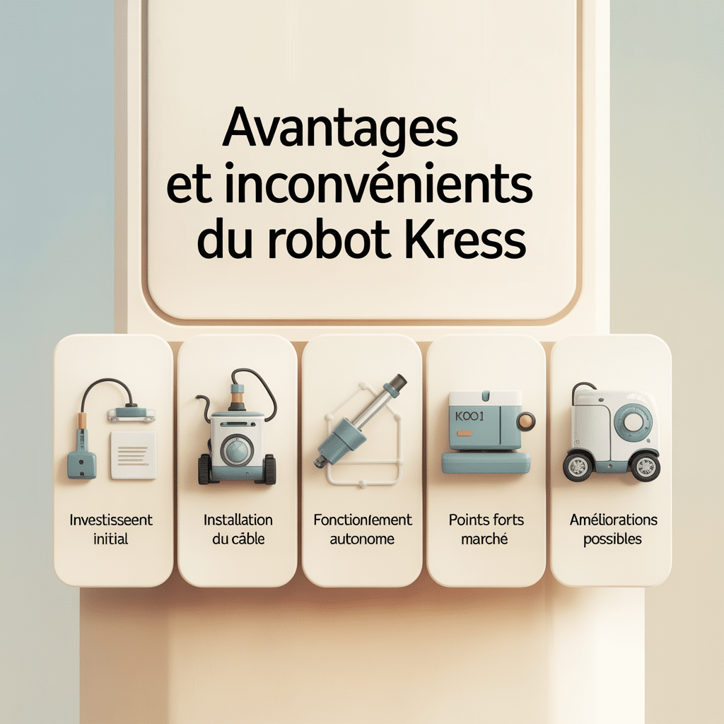 Avantages et inconvénients du robot Kress - Infographie 16:9 crème douce avec 5 panneaux icônes vectorielles flat, style lignes douces, texte noir sans-serif sur fond clair