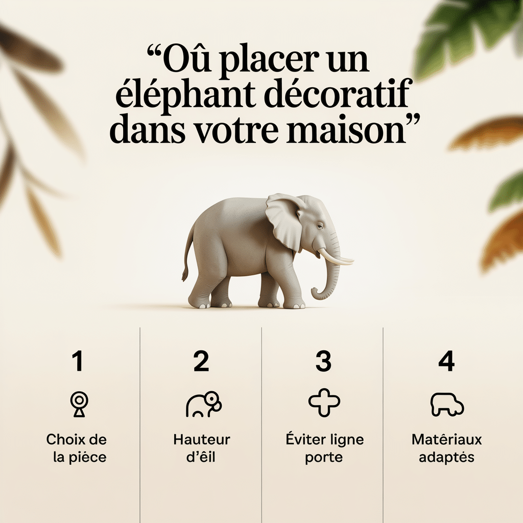 Infographie 16:9 palette crème douce – Où placer un éléphant décoratif dans votre maison : 4 conseils illustrés avec icônes lignes douces, choix de la pièce, hauteur d’œil, éviter ligne porte, matériaux adaptés, fond crème clair, texte noir épuré.