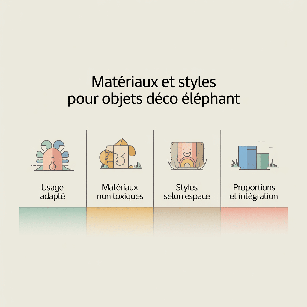 Infographie 16:9 palette crème douce présentant matériaux et styles pour objets déco éléphant avec quatre panneaux icônes flat vector : usage adapté, matériaux non toxiques, styles selon espace, proportions et intégration, icônes soft line, texte sans-serif sur fond crème clair.
