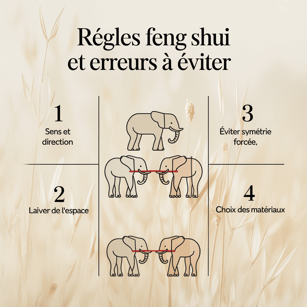 Infographie 16:9 style crème doux présentant les règles feng shui et erreurs à éviter avec quatre panneaux numérotés et icônes vectorielles plates : éléphant orienté vers l’intérieur, espace autour, éléphants barrés pour symétrie, matériaux nobles et proportions, texte sans-serif sur fond crème.