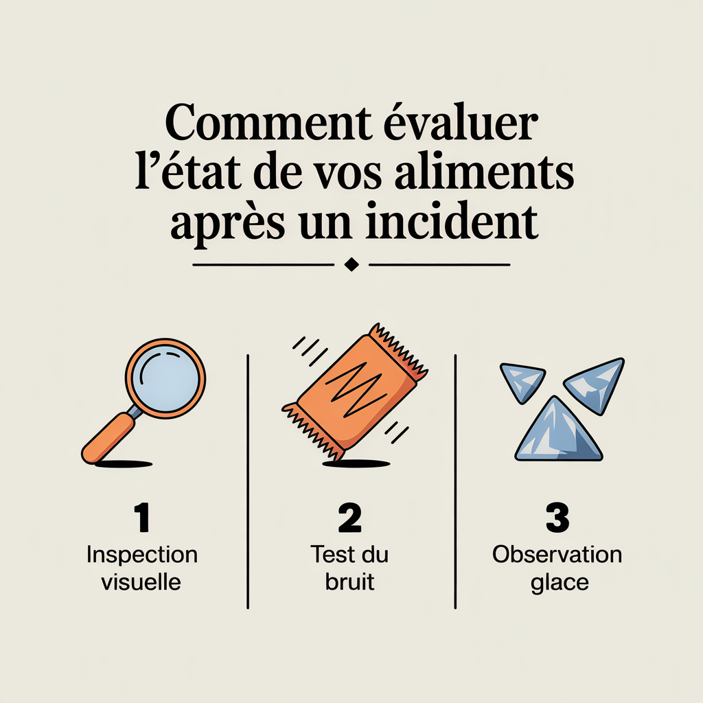 image Infographie 16:9 palette crème douce présentant « Comment évaluer l'état de vos aliments après un incident » avec trois panneaux numérotés en icônes flat : loupe pour inspection visuelle, paquet secouant pour test du bruit, cristaux de glace pour observation glace, texte noir sans-serif sur fond crème.