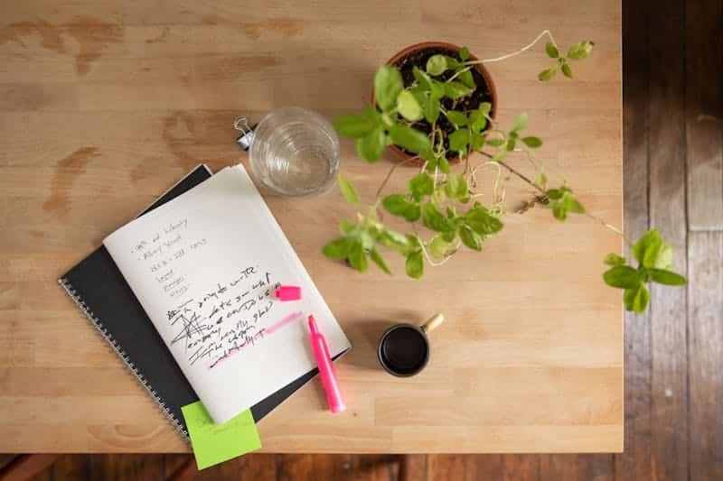 Espace de travail creatif Nephalie bloc-notes et plantes